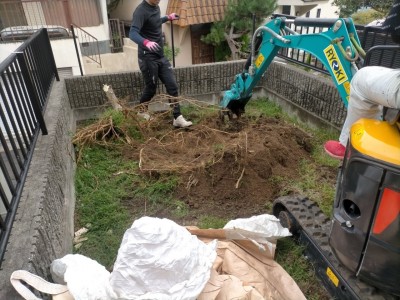 掘り込み車庫 庭の撤去 ミニショベル 木の撤去 土 神戸市 トラブラン